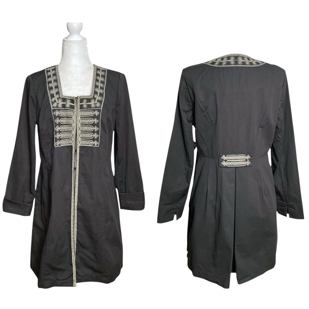 Cabi Womens Boho Military Style Jacket Gray Long Duster Embroidered Beaded Sz 8